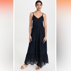 Splendid NWT Kora Eyelet V-Neck Maxi Dress Navy Blue Pockets Sz XS Feminine